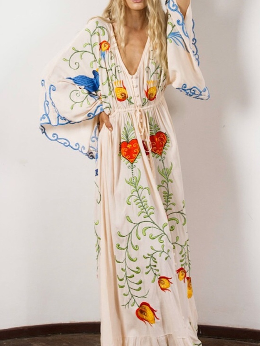 Cream Maxi Dress with Blue & Red Embroidered Motifs